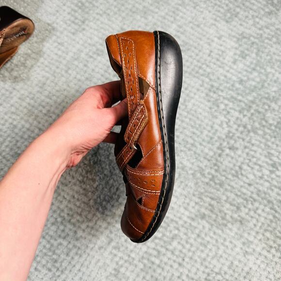 Vintage Warm Brown Leather Strappy Round Toe Clog Flats Comfort Shoes Mary Jane - Picture 3 of 6